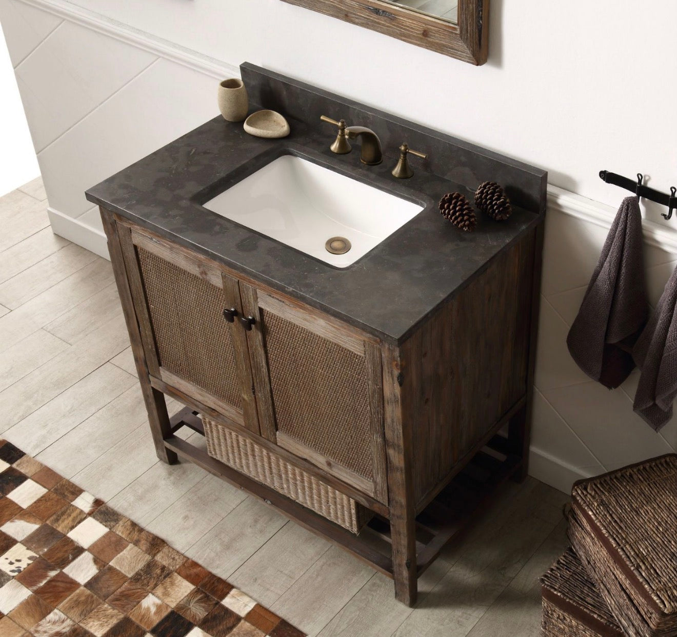 Legion Furniture Solid Wood Bathroom Vanity with Natural Moon Stone Top – Brown Rustic (36", 48", 60")