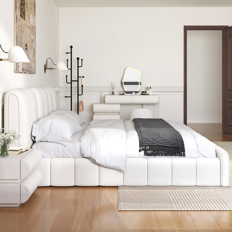 Humply Modern Leather Wingback King Bed Frame with Upholstered Headboard