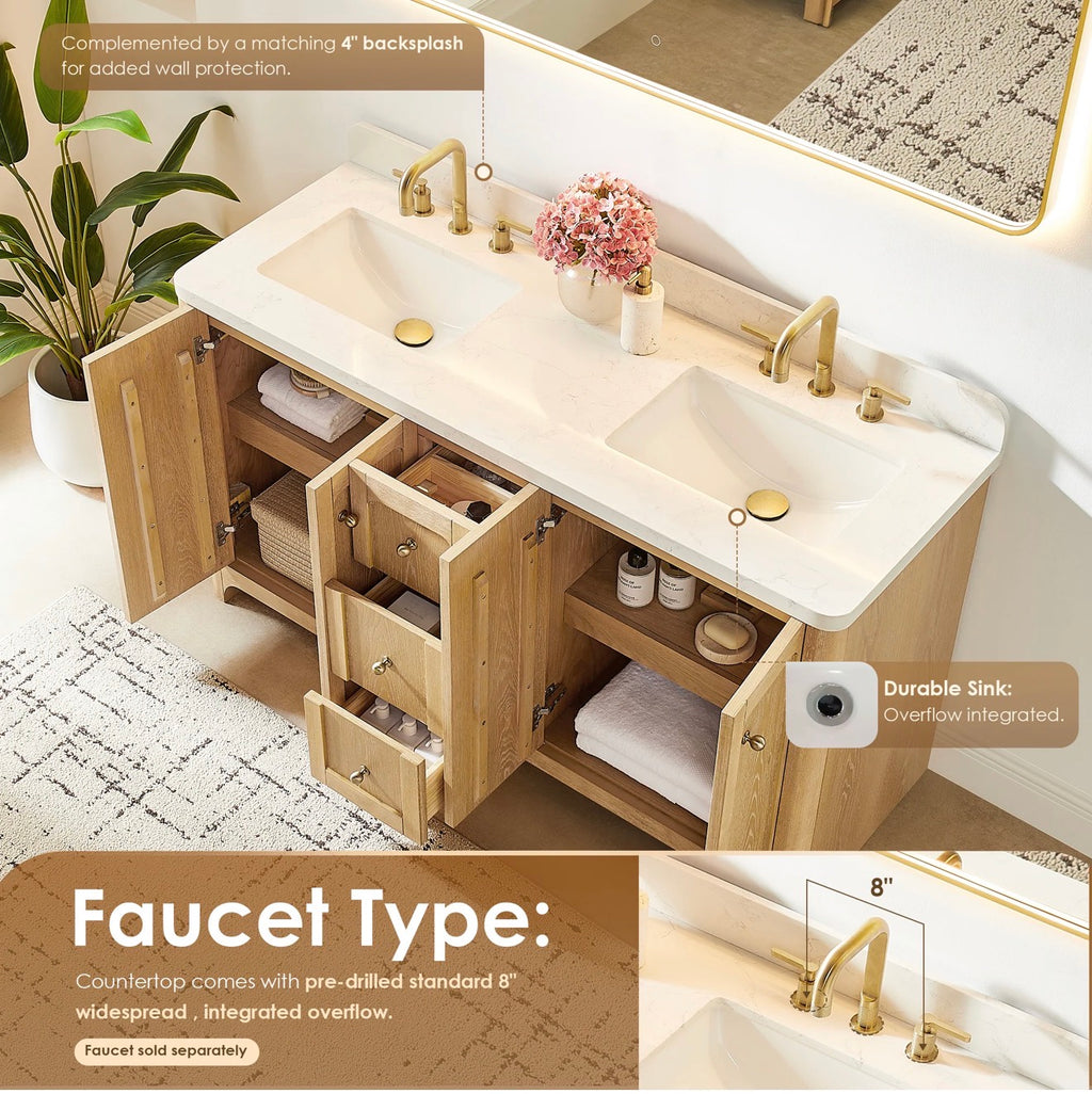 Altair Milner Bathroom Vanity in Brushed Oak with Grain White Engineered Stone Countertop without Mirror