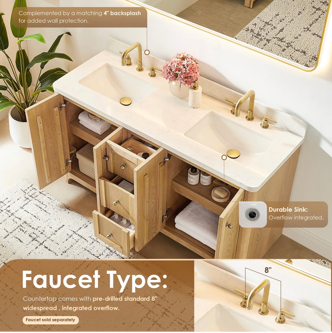 Altair Milner Bathroom Vanity in Brushed Oak with Grain White Engineered Stone Countertop without Mirror