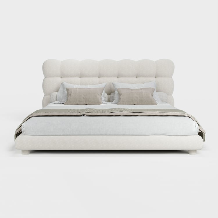 White Bouclé Upholstered Platform Bubble Queen Bed Frame