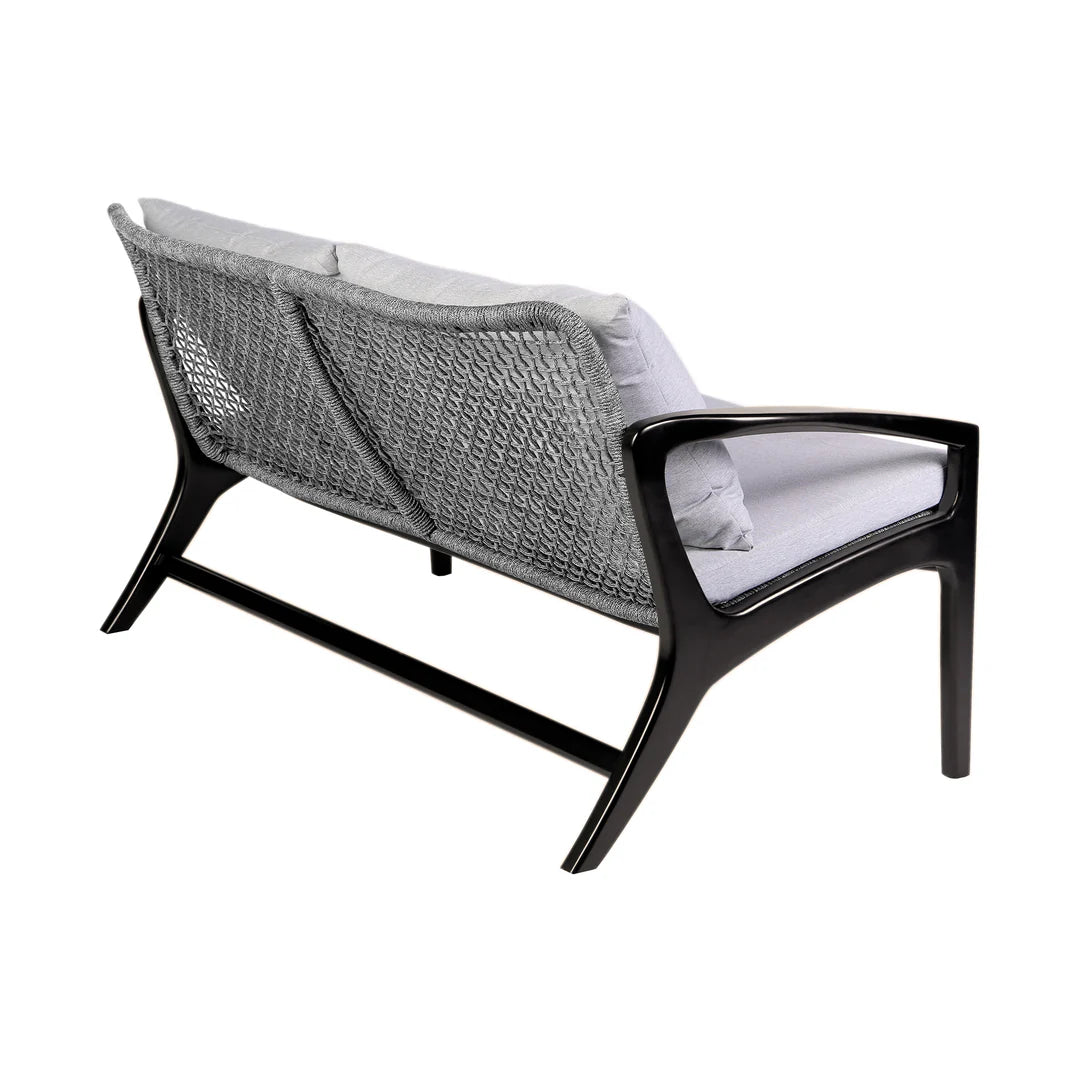 Armen Living Beckham 4 Piece Outdoor Patio Seating Set in Dark Eucalyptus Wood with Gray Rope and White Cushions