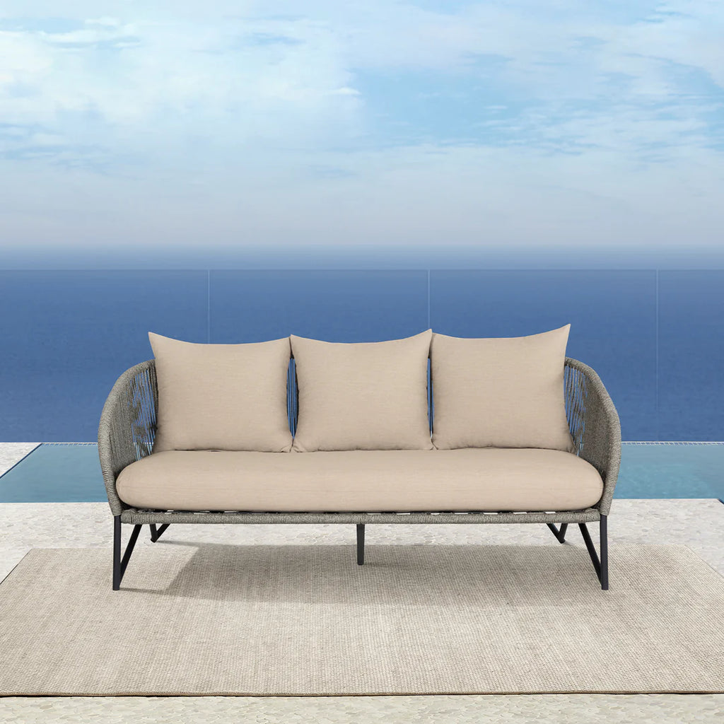 Armen Living  Benicia Outdoor Patio Sofa in Black Steel with Gray Rope and Taupe Olefin Cushions