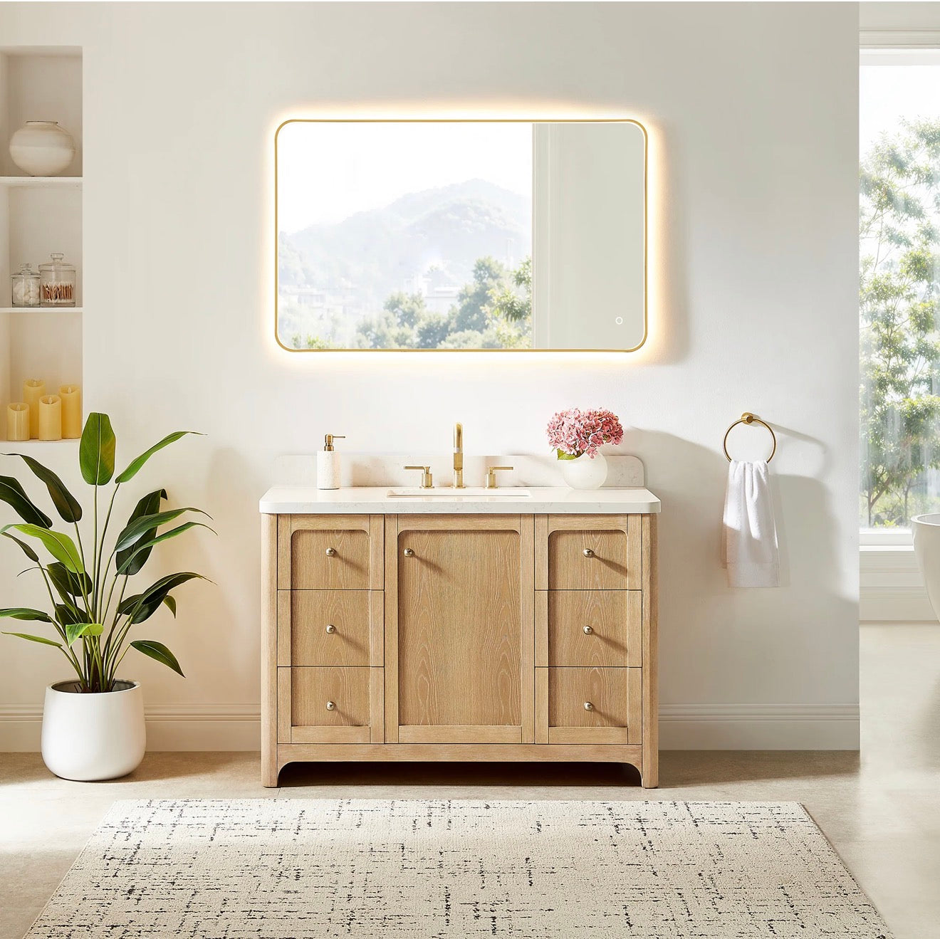 Altair Milner Bathroom Vanity in Brushed Oak with Grain White Engineered Stone Countertop without Mirror