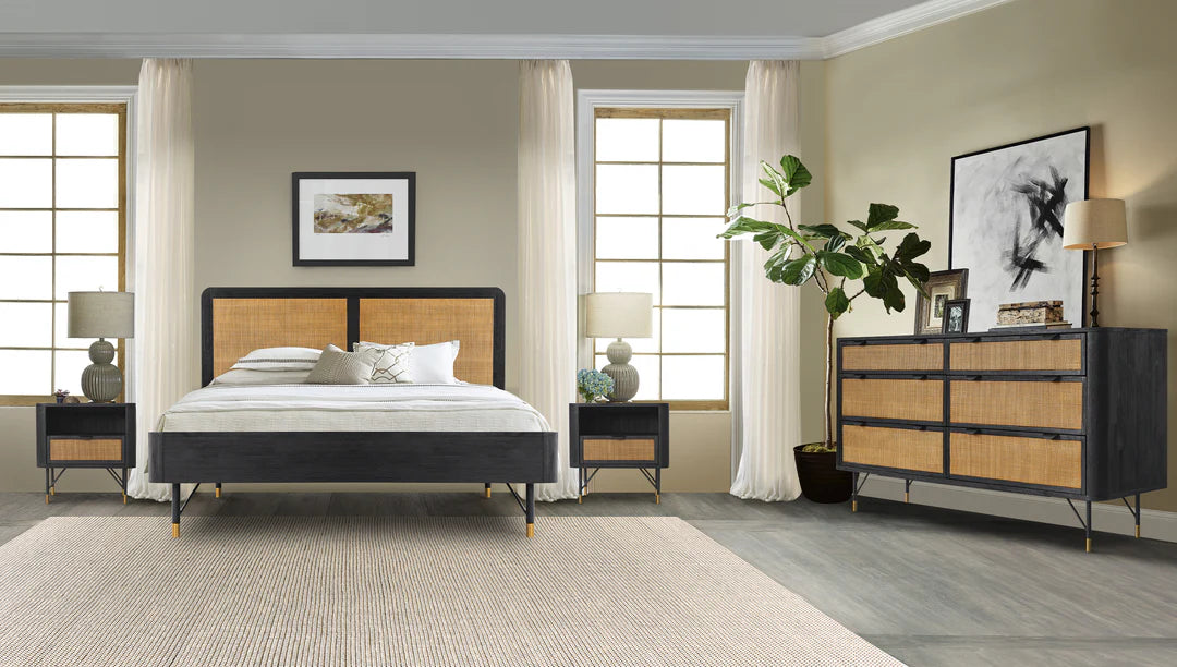 Armen Living  Saratoga 4 Piece Bedroom Set in Black Acacia Wood and Rattan