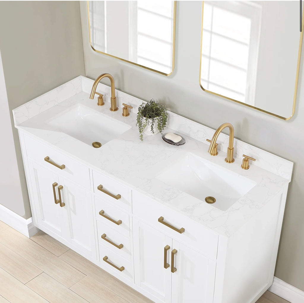 Altair Gavino 60" Double Bathroom Vanity in Light Brown with Grain White Engineered Stone Countertop without Mirror