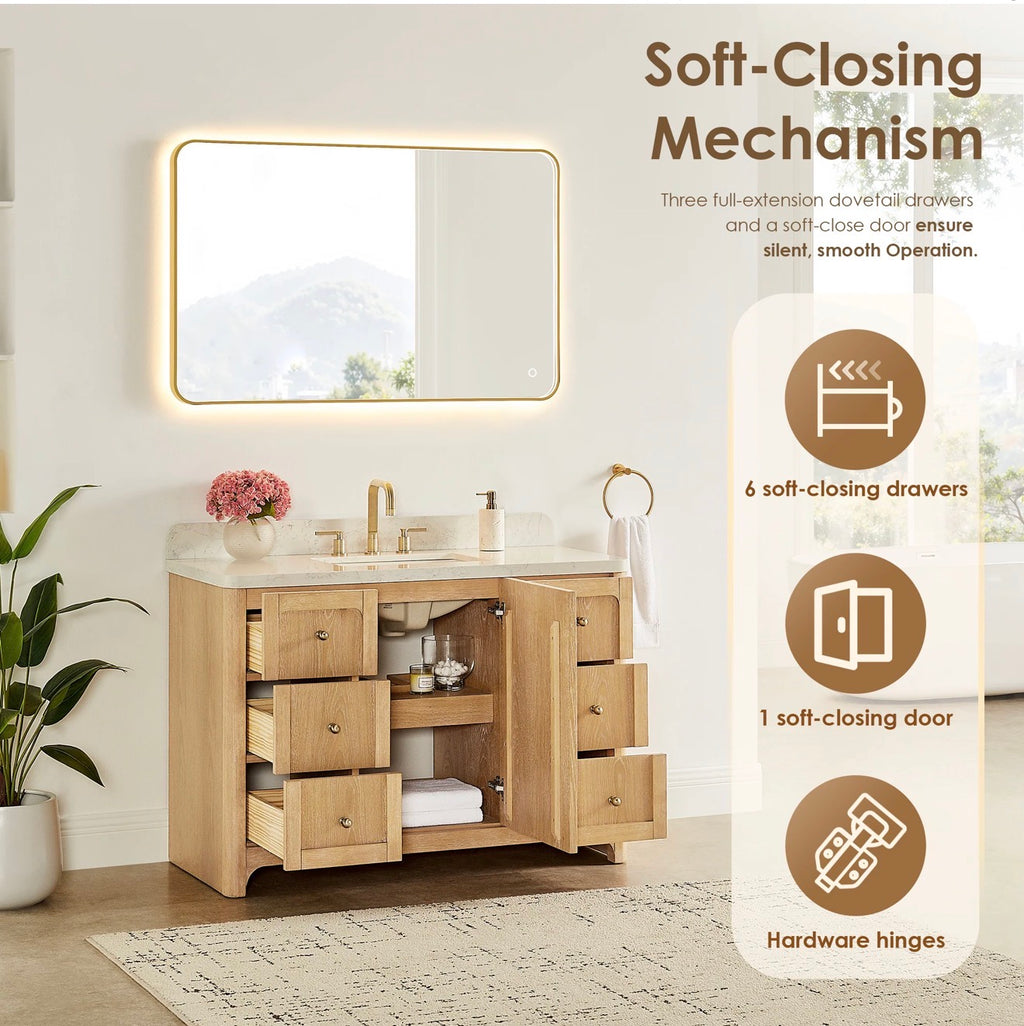 Altair Milner Bathroom Vanity in Brushed Oak with Grain White Engineered Stone Countertop without Mirror