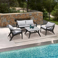 Armen Living Beckham 4 Piece Outdoor Patio Seating Set in Dark Eucalyptus Wood with Gray Rope and White Cushions