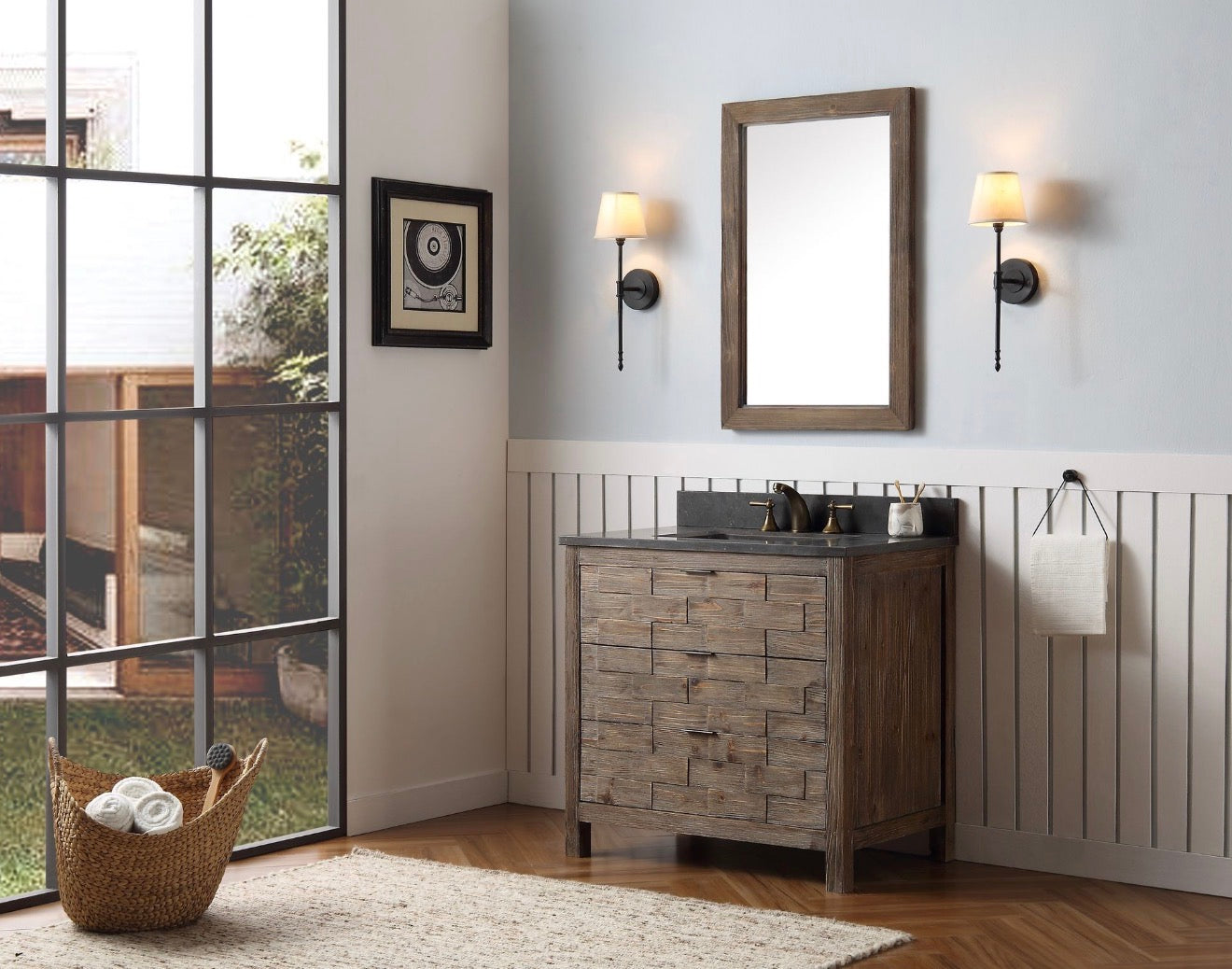 Legion Furniture 36" Rustic Solid Wood Bathroom Vanity with Moon Stone Marble Top – No Faucet