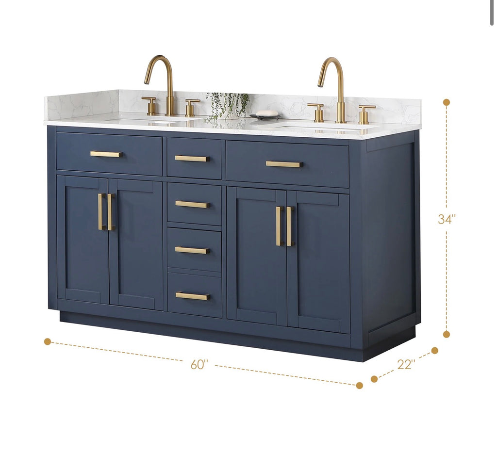 Altair Gavino 60" Double Bathroom Vanity in Light Brown with Grain White Engineered Stone Countertop without Mirror