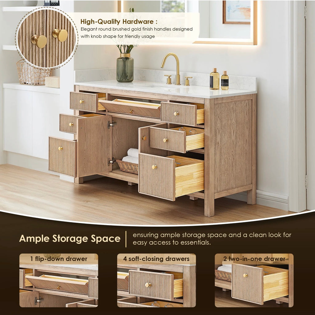 Altair Cerrito 60" Single Bathroom Vanity with Grain White Engineered Stone Countertop without Mirror