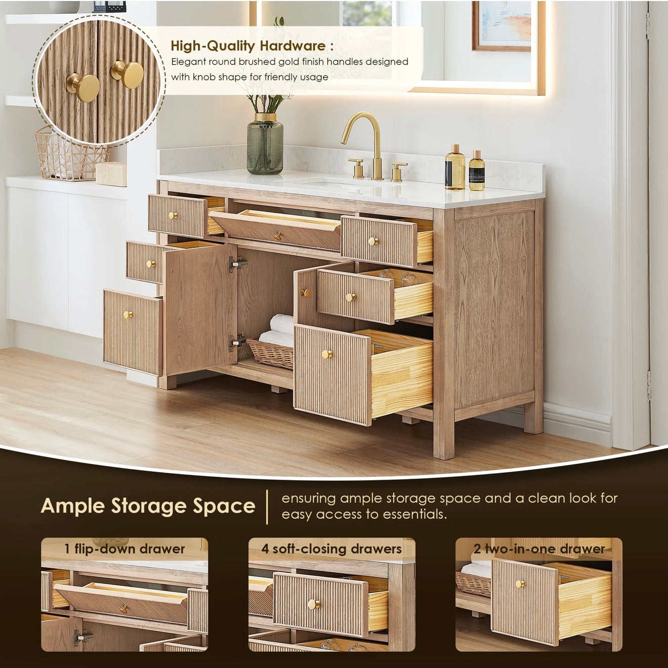 Altair Cerrito 60" Single Bathroom Vanity with Grain White Engineered Stone Countertop without Mirror