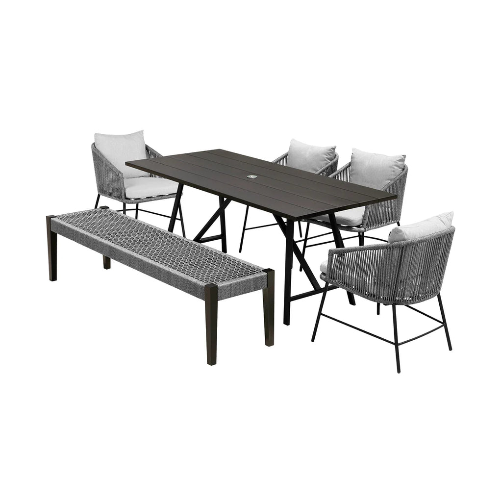 Armen Living Frinton Ditas and Rhett 6 Piece Outdoor Dining Set with Dark Eucalyptus Wood and Gray Rope and Cushions