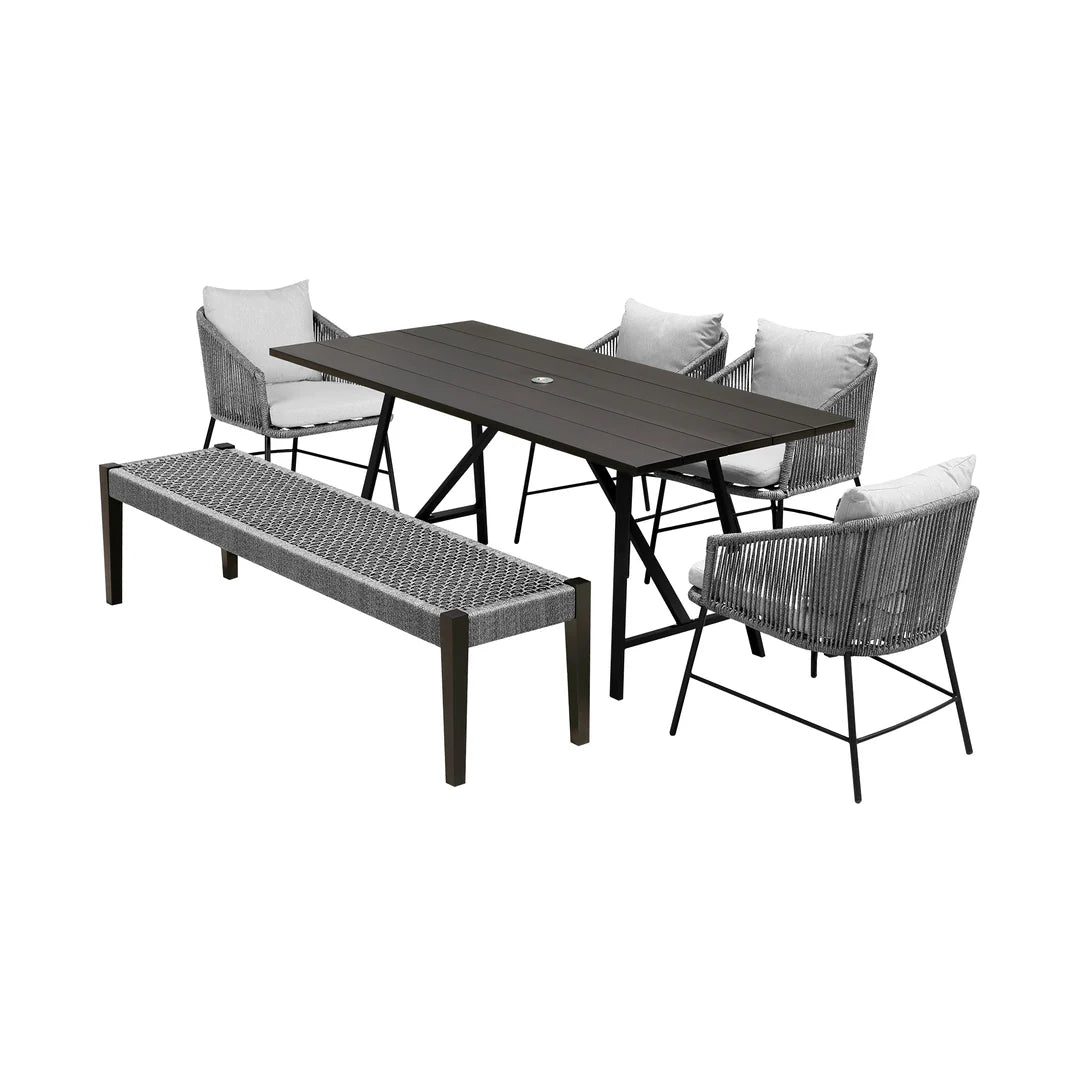 Armen Living Frinton Ditas and Rhett 6 Piece Outdoor Dining Set with Dark Eucalyptus Wood and Gray Rope and Cushions