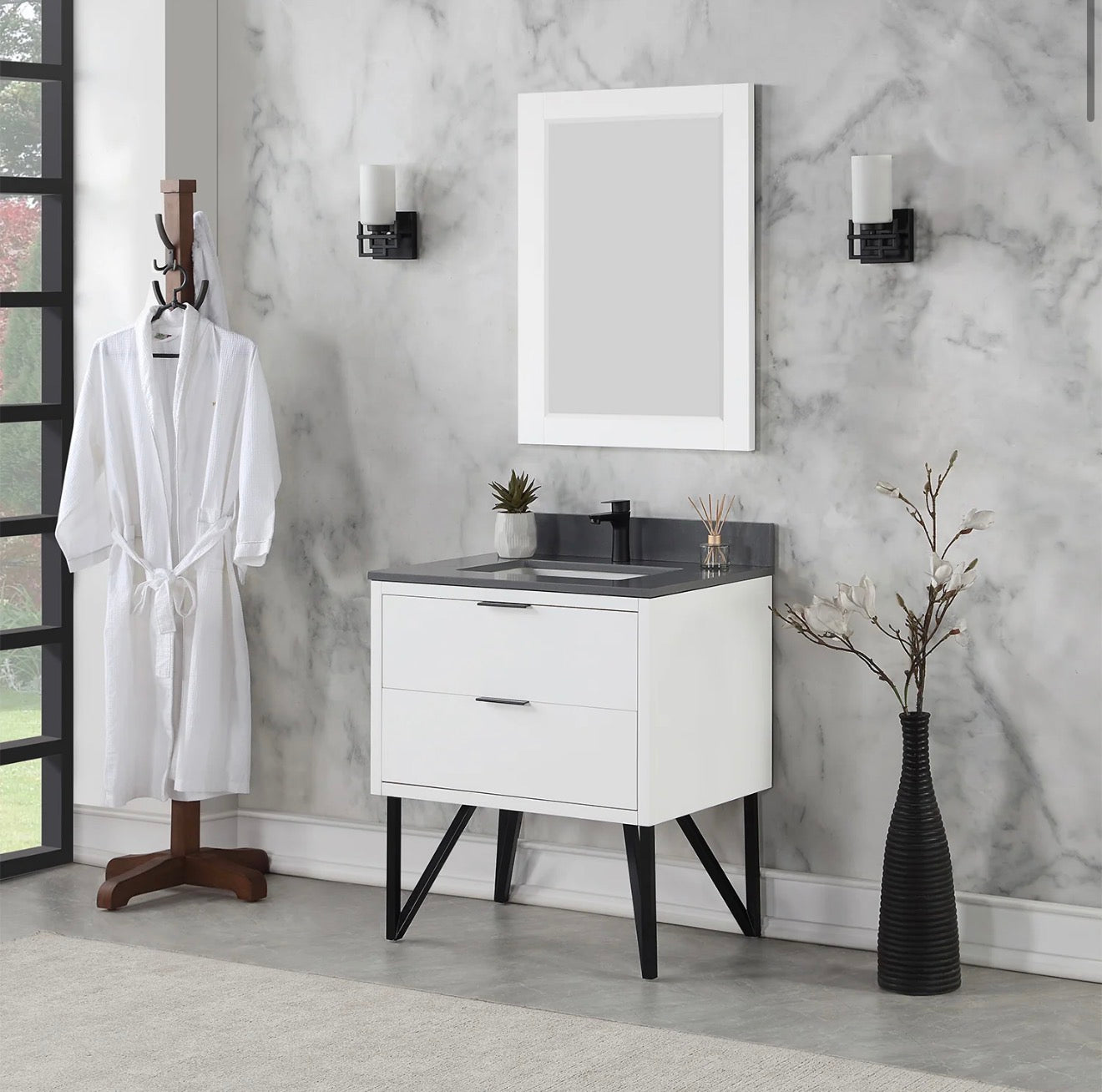 Altair Helios 30" Single Bathroom Vanity in White with Concrete Gray Engineered Stone Countertop