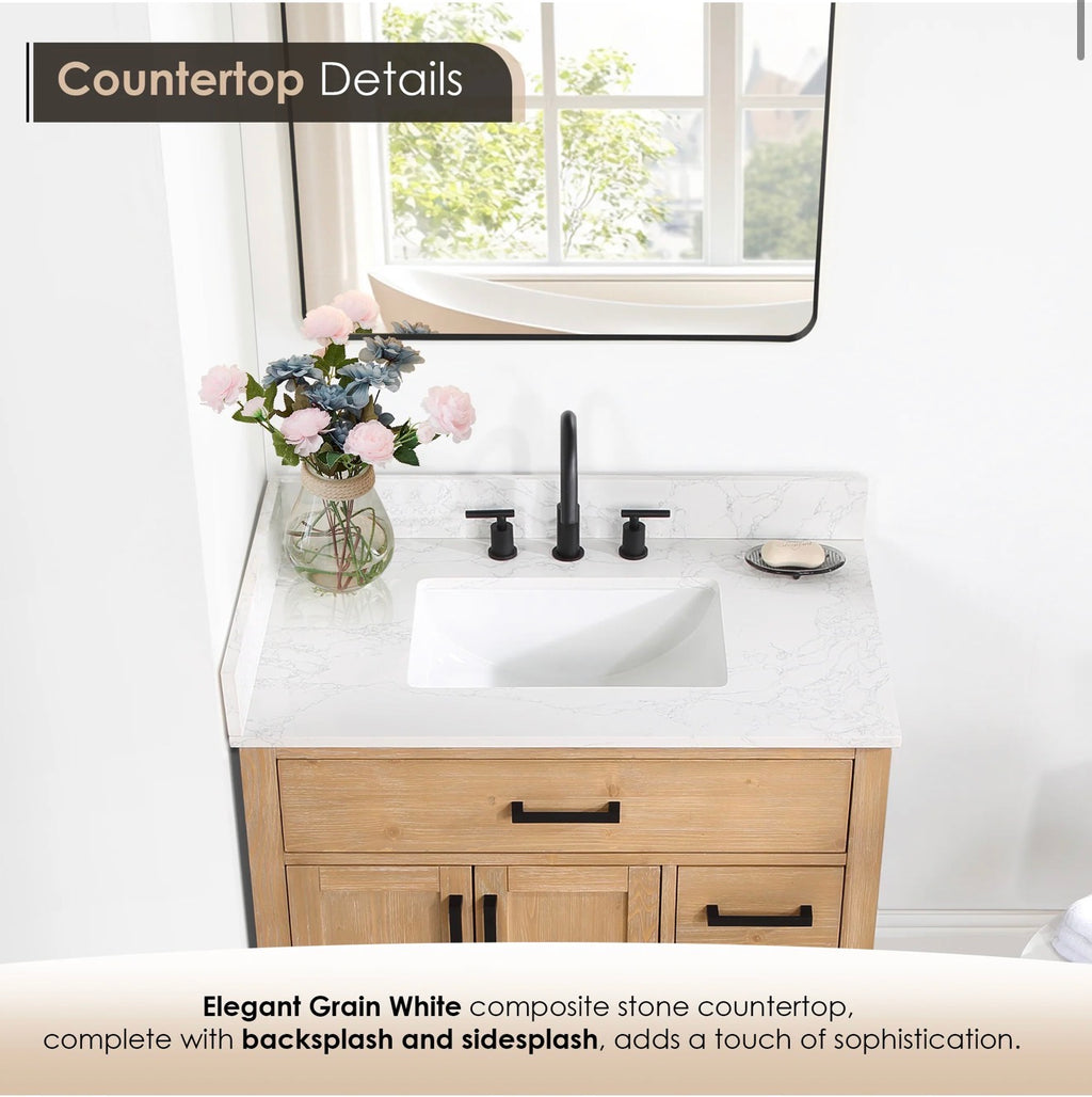 Altair  Gavino 36" Single Bathroom Vanity with Grain White Engineered Stone Countertop