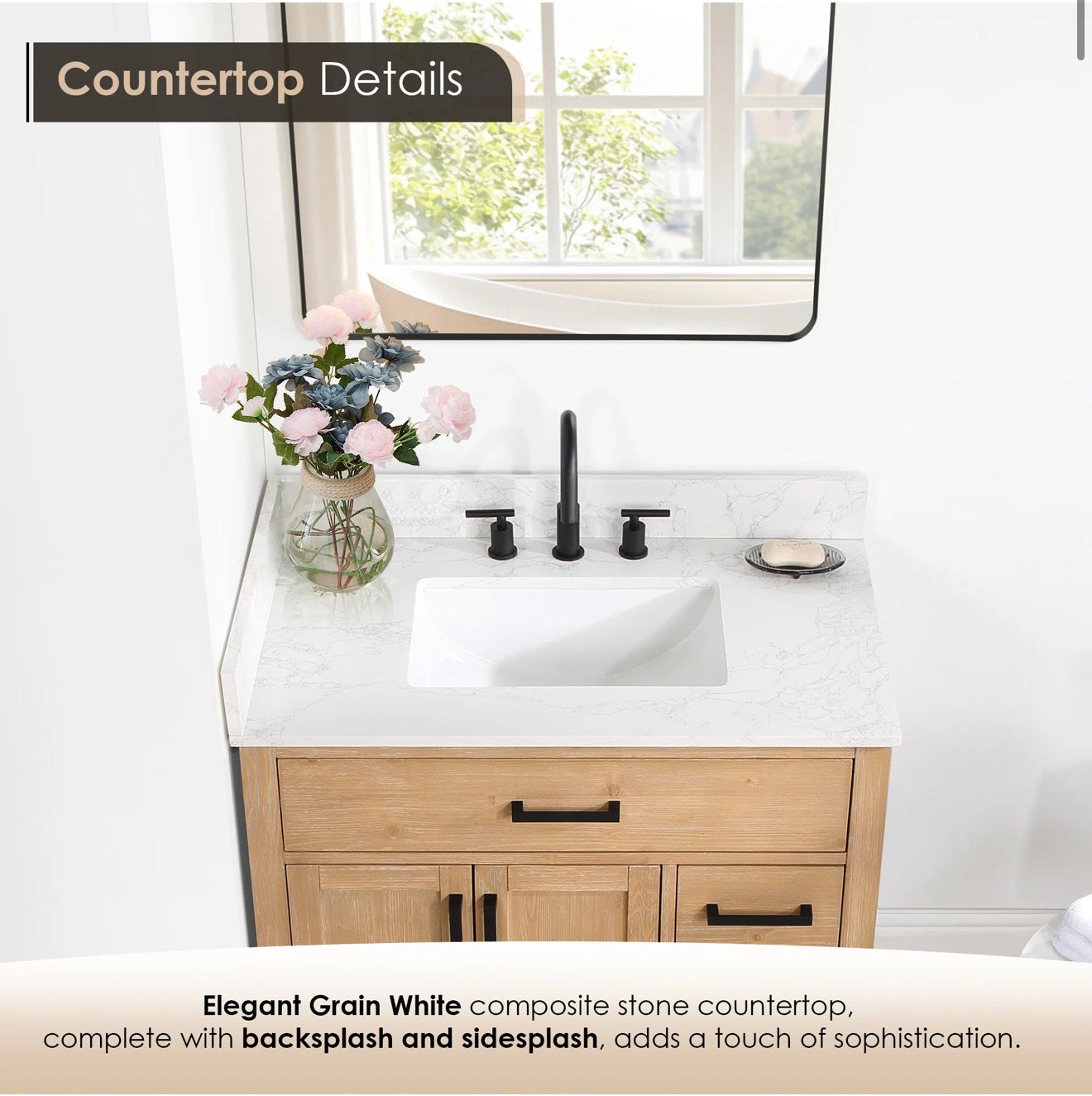 Altair  Gavino 36" Single Bathroom Vanity with Grain White Engineered Stone Countertop