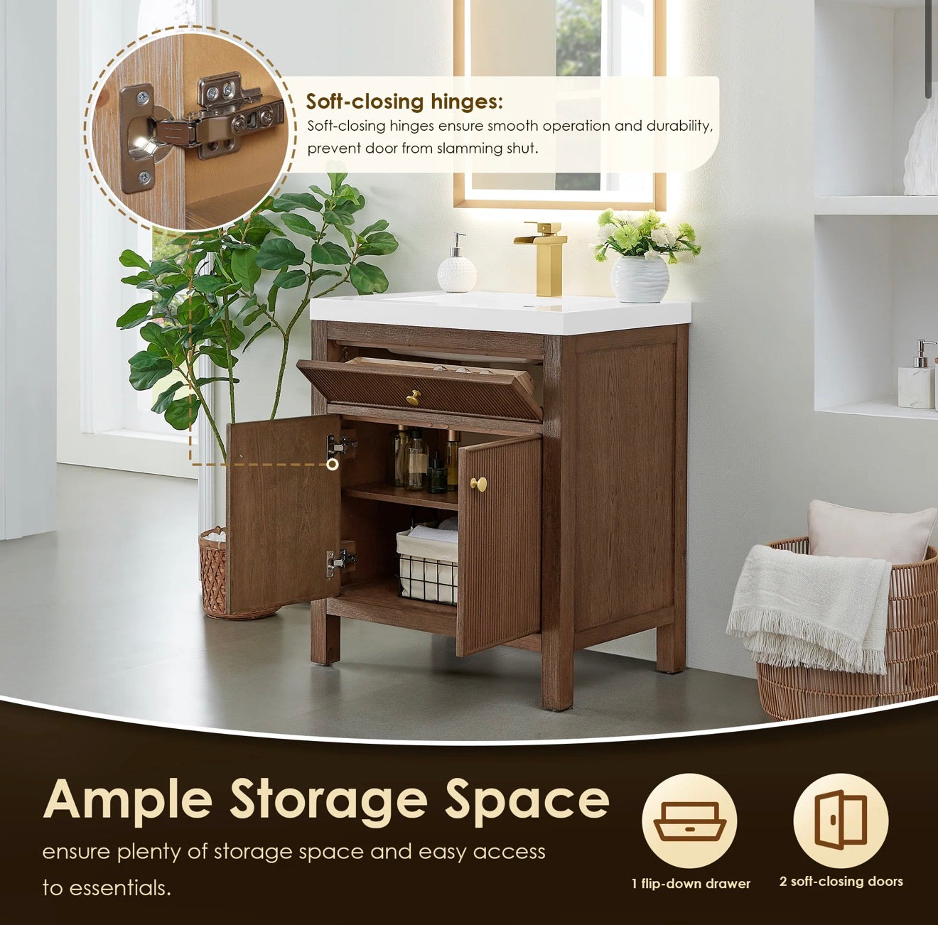 Altair Cerrito 30” single bathroom vanity with white Engineered stone integrated sink without mirror