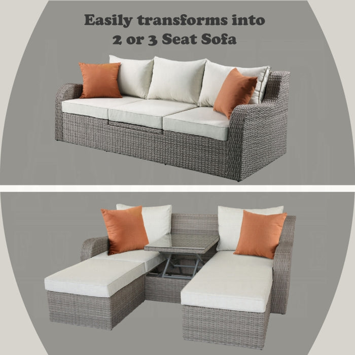 ACME Beige Fabric & Gray Wicker Salena Patio Sofa W/2 Pillows & 2 Ottomans