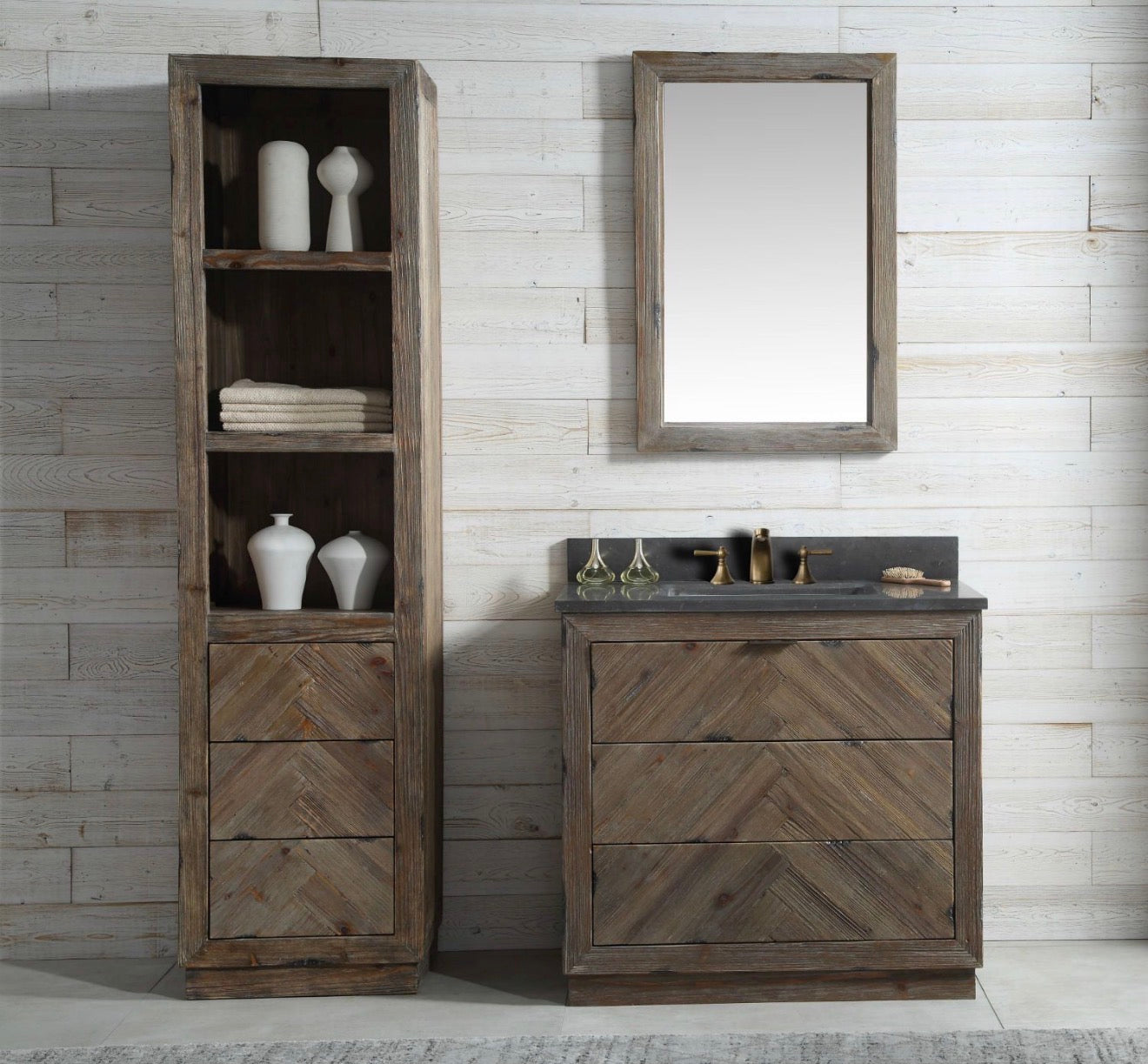 Legion Furniture Rustic Solid Wood Bathroom Vanity with Natural Moon Stone Top – No Faucet