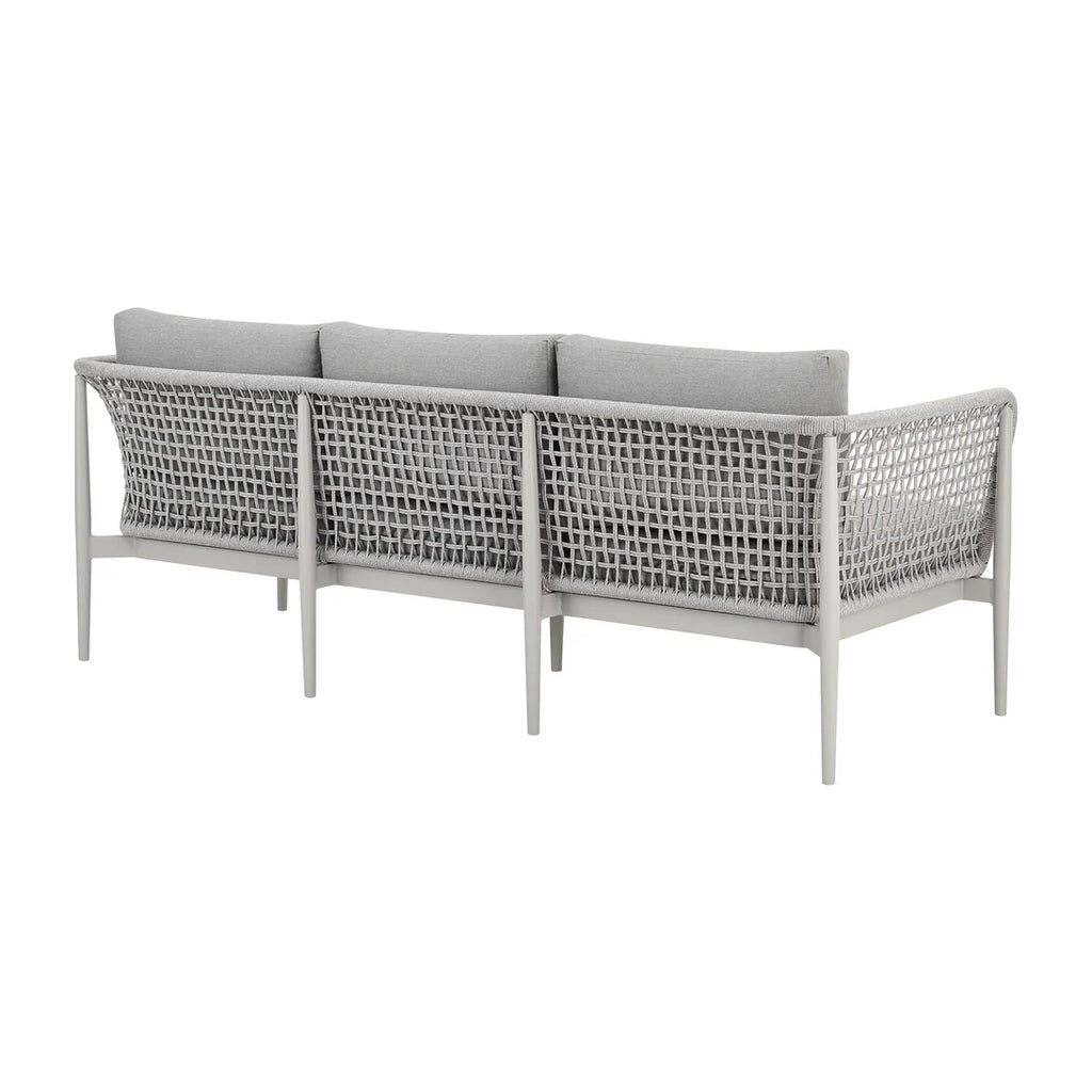 Armen Living Rhodes Outdoor Patio Sofa in Aluminum with Light Gray Rope and Cushions