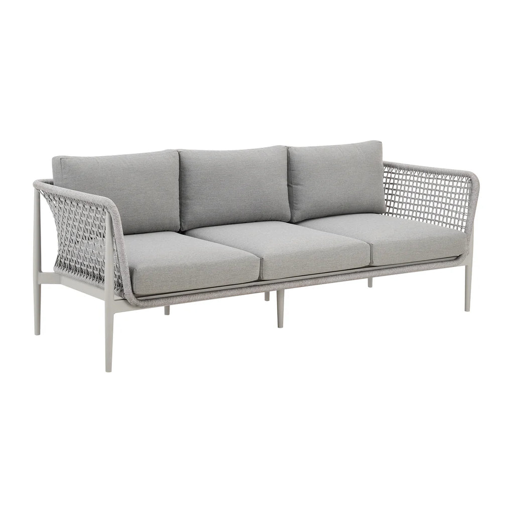 Armen Living Rhodes Outdoor Patio Sofa in Aluminum with Light Gray Rope and Cushions