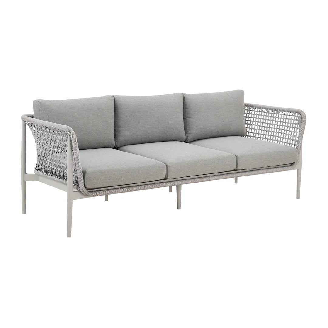 Armen Living Rhodes Outdoor Patio Sofa in Aluminum with Light Gray Rope and Cushions