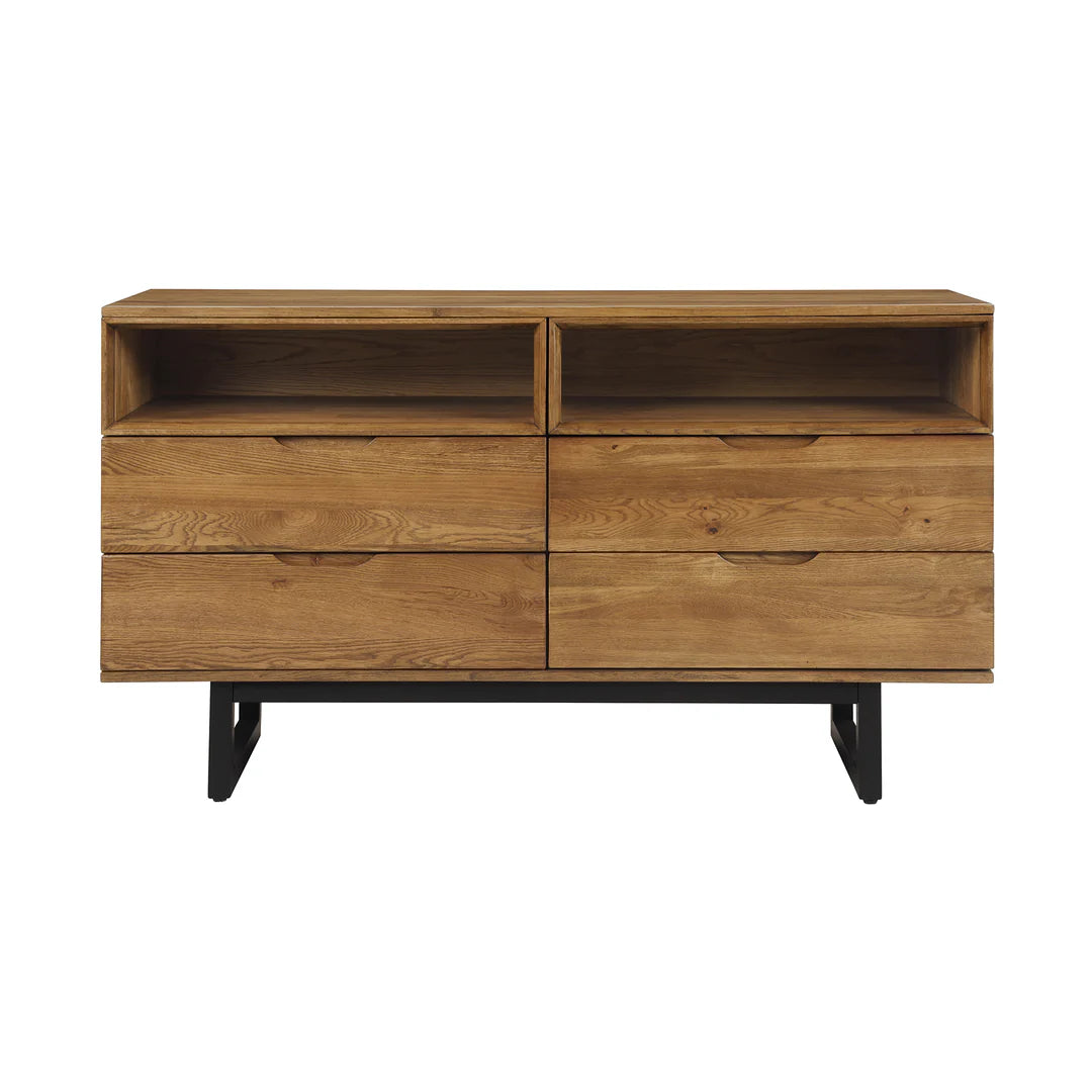 Armen Living Aldo 4 Drawer Dresser in Brown Oak Wood with Black Metal Legs