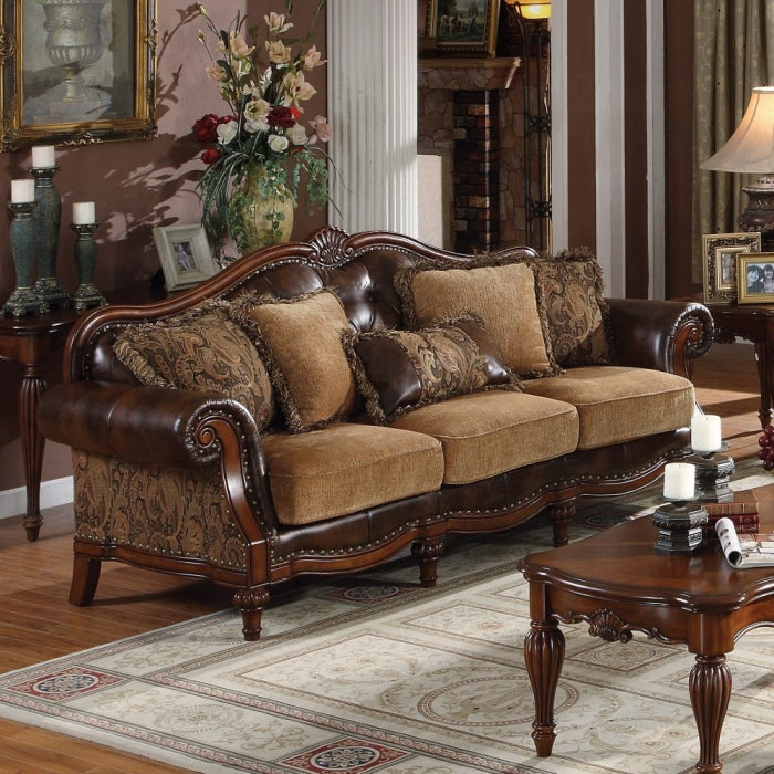 ACME Two Tone Brown Synthetic Leather & Chenille Cherry Dreena Sofa W/5 Pillows