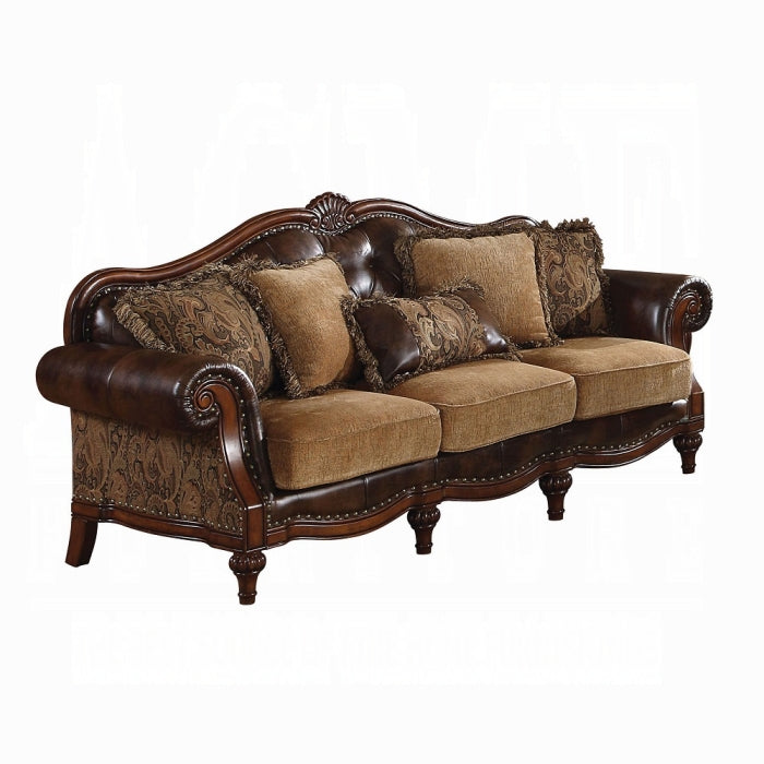 ACME Two Tone Brown Synthetic Leather & Chenille Cherry Dreena Sofa W/5 Pillows