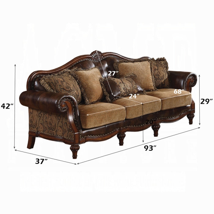 ACME Two Tone Brown Synthetic Leather & Chenille Cherry Dreena Sofa W/5 Pillows
