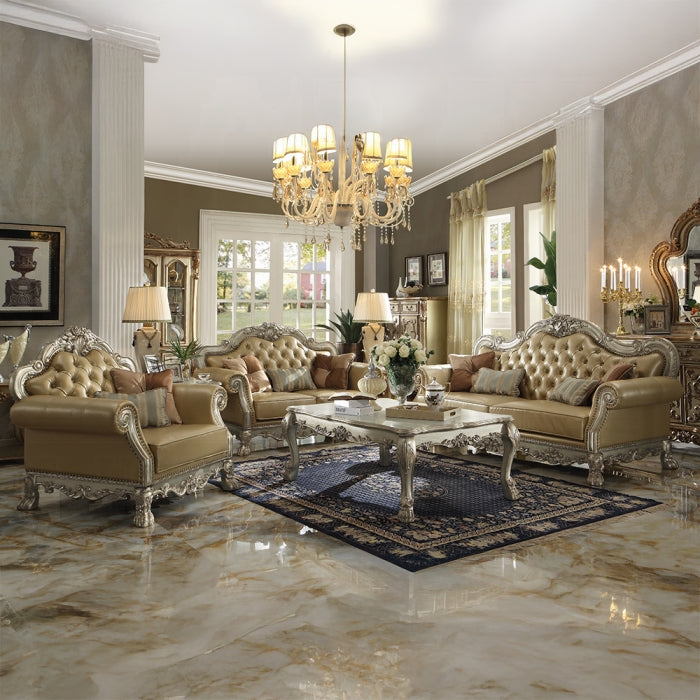 ACME Bone Synthetic Leather & Gold Dresden Chair W/2 Pillows