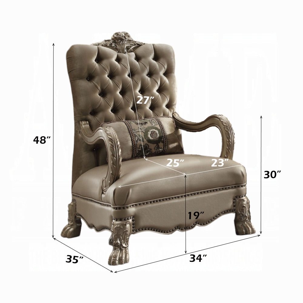ACME Bone Velvet & Gold Patina Dresden Chair W/Pillow