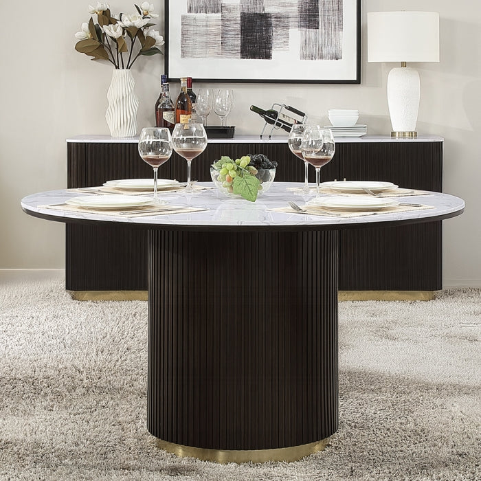 ACME White Natural Marble Top & Espreeso Finish Clayten Round Dining Table w/Marble