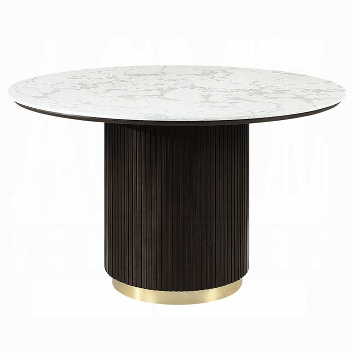 ACME White Natural Marble Top & Espreeso Finish Clayten Round Dining Table w/Marble