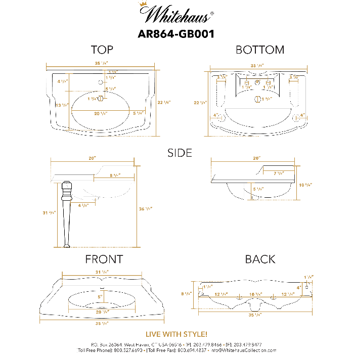 Whitehaus Isabella Collection Rectangular Console with integrated oval bowl