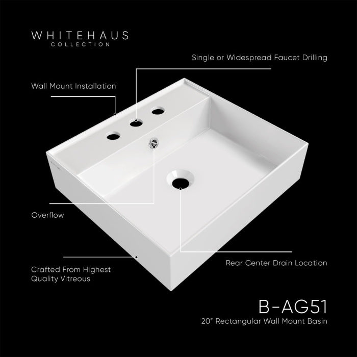 Whitehaus 20" Rectangular Wall Mount Basin with Single Faucet Drilling and Overflow