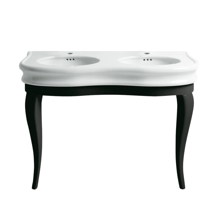 Whitehaus Isabella Collection Large Console with integrated oval bowls, Overflow and Black Wooden Leg Support