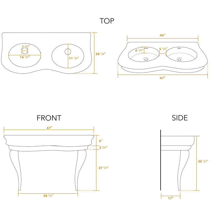 Whitehaus Isabella Collection Large Console with integrated oval bowls, Overflow and Black Wooden Leg Support